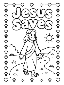 A smiling Jesus walks along a scenic path under the sun in this jesus coloring page.