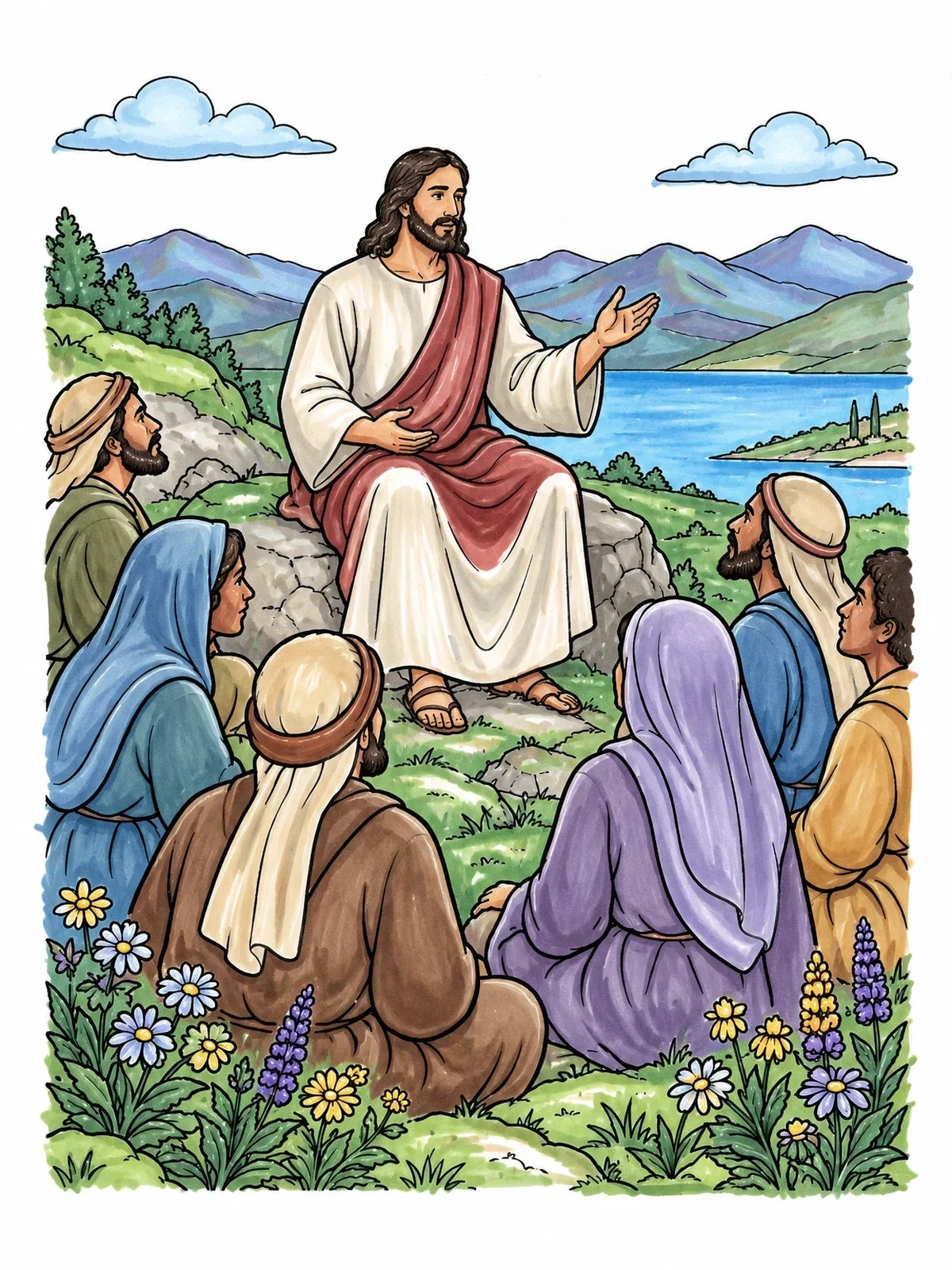 Colored example of the Sermon On The Mount coloring page