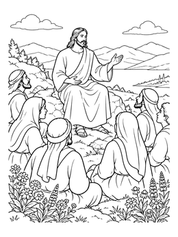 A detailed jesus coloring page depicting Christ teaching a group of followers on a hillside with flowers.