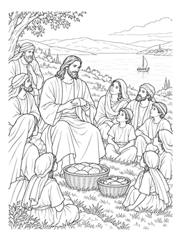 Detailed jesus is the bread of life coloring page with people gathered by the sea.