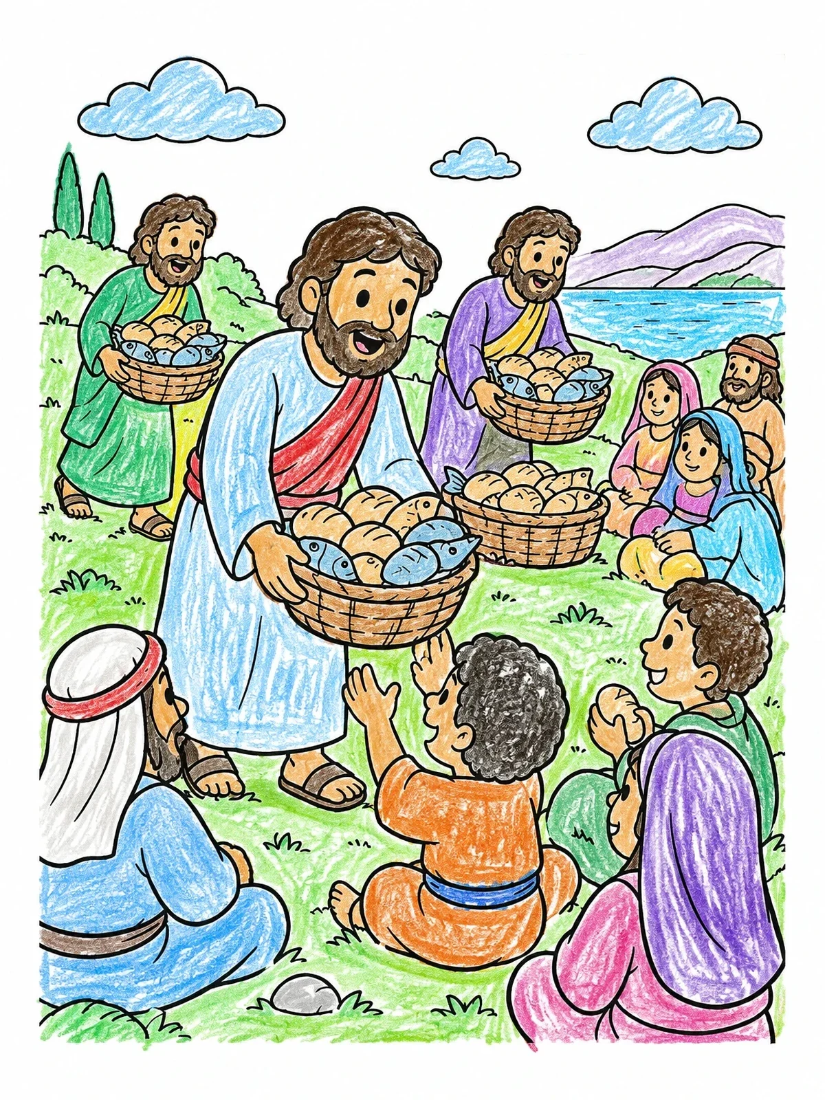 Colored example of the Jesus Sharing Loaves And Fish coloring page