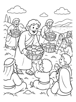 Jesus coloring page showing Jesus and his disciples sharing baskets of bread and fish with the crowd.