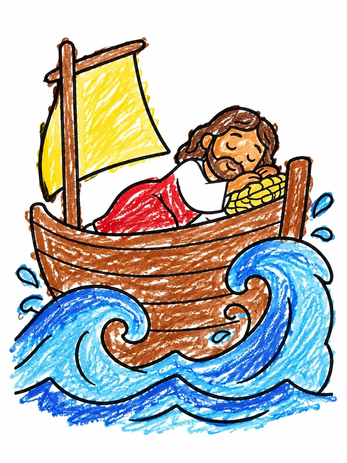 Colored example of the Jesus Sleeping In The Stormy Boat coloring page