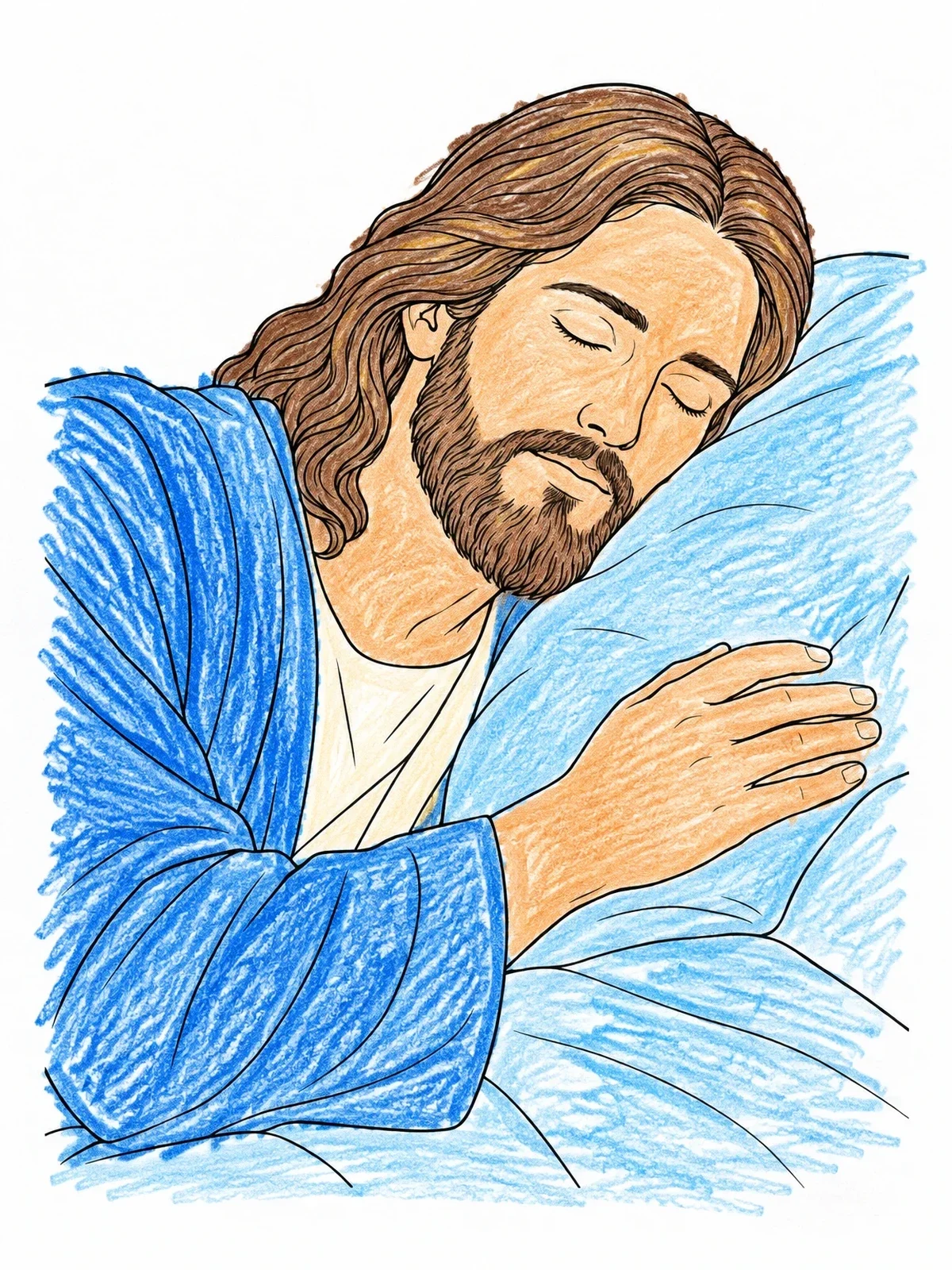 Colored example of the Jesus Sleeping Peacefully On Cushion coloring page