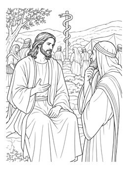 Detailed nicodemus coloring page showing Jesus conversing with the teacher alongside a serpent staff.