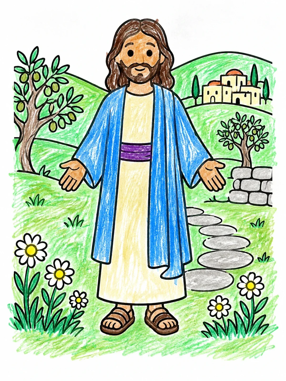 Colored example of the Jesus Standing In Galilee Hills coloring page