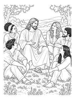A peaceful jesus is our friend coloring page showing Jesus sitting in a field talking with young adults.