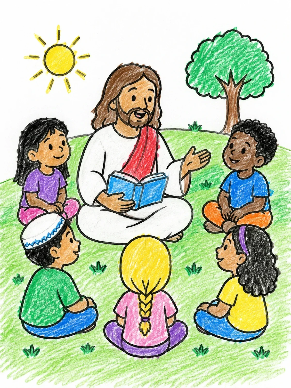 Colored example of the Jesus Teaching Children Outdoors coloring page
