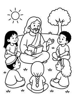 Free printable Jesus Teaching Children Outdoors coloring page