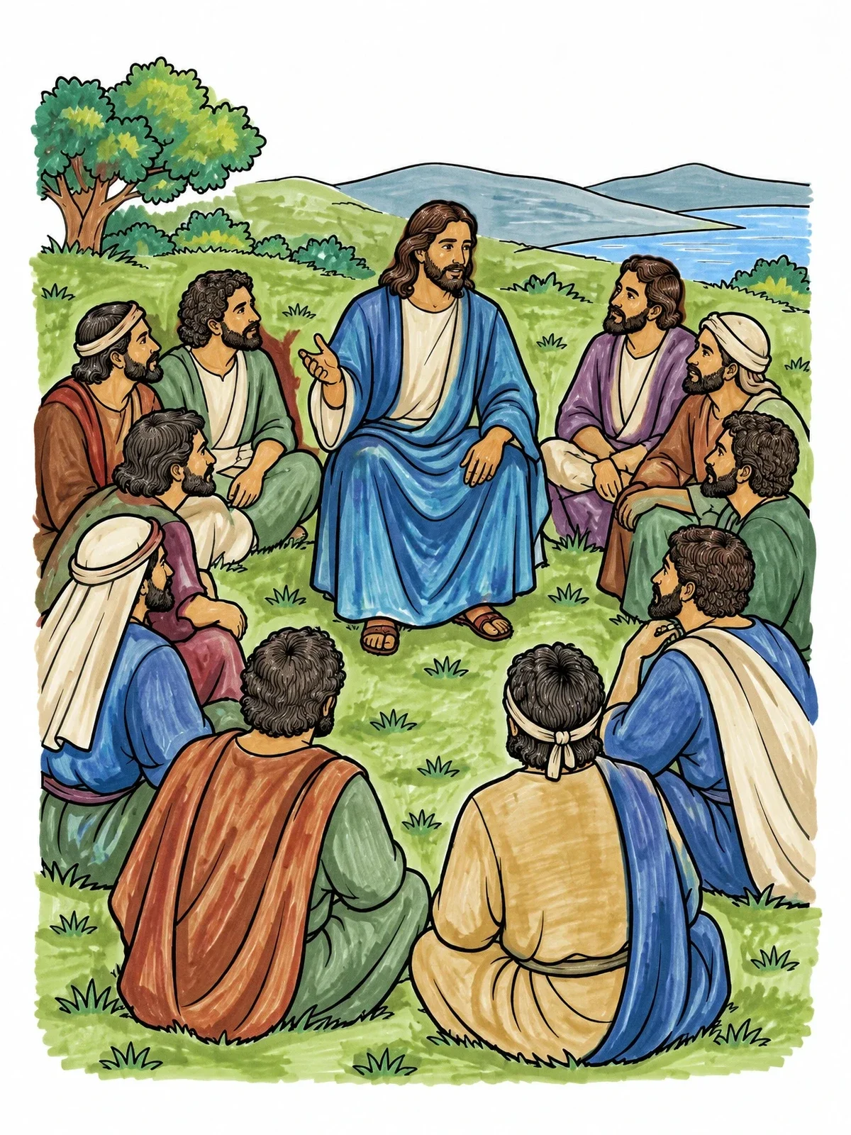 Colored example of the Jesus Teaching The Twelve Disciples coloring page