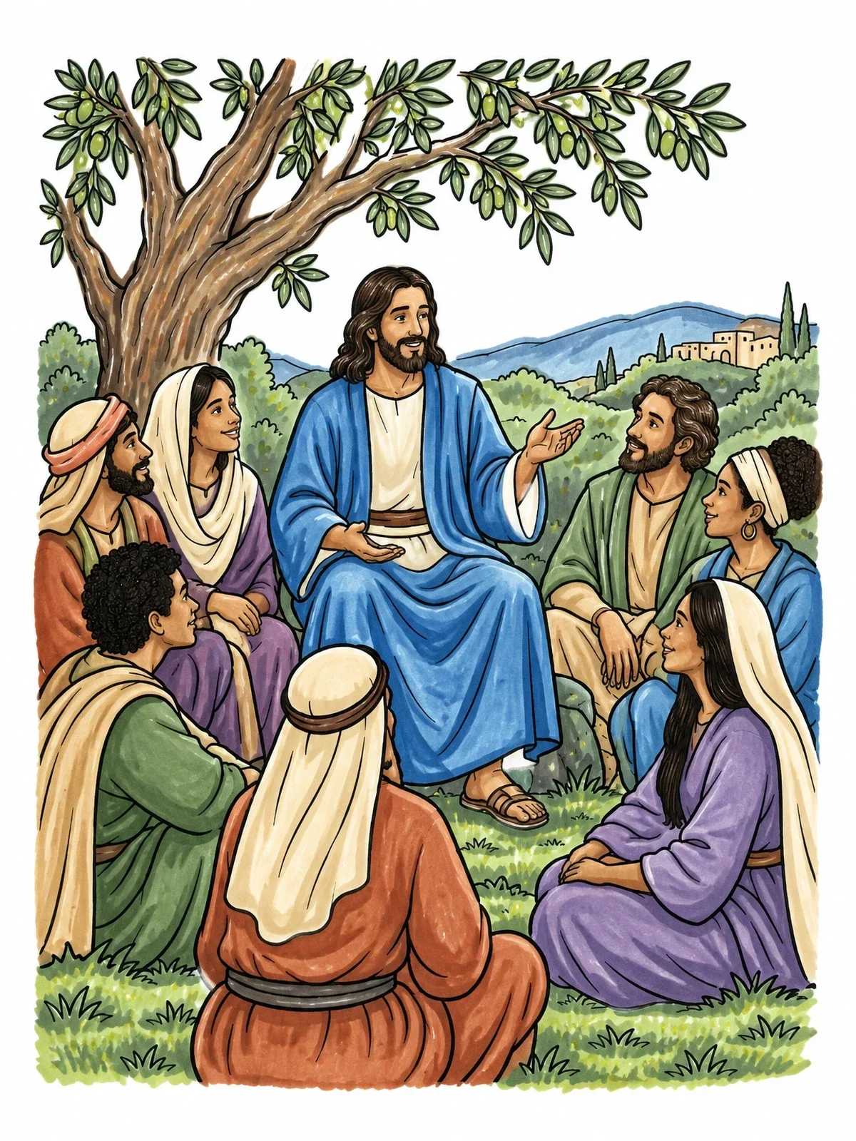 Colored example of the Jesus Teaching Disciples Under Olive Tree coloring page