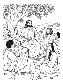 A serene jesus is our friend coloring page showing Jesus speaking with followers beneath an olive tree.
