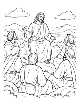 In this prayer coloring page, Jesus sits on a rocky hill surrounded by his disciples listening to his teachings.