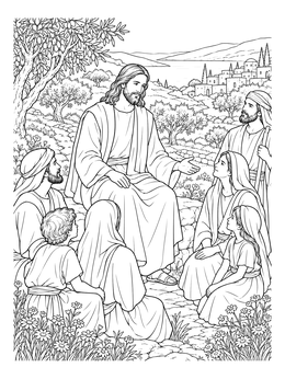 A serene jesus coloring page showing Christ teaching a group of followers in the Galilean countryside.