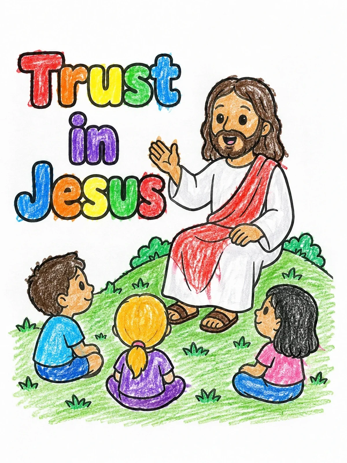 Colored example of the Jesus Teaching The Children coloring page