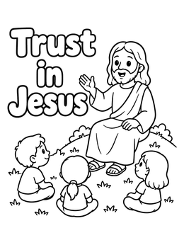 A friendly jesus coloring page showing him sitting outdoors talking to three listening children.