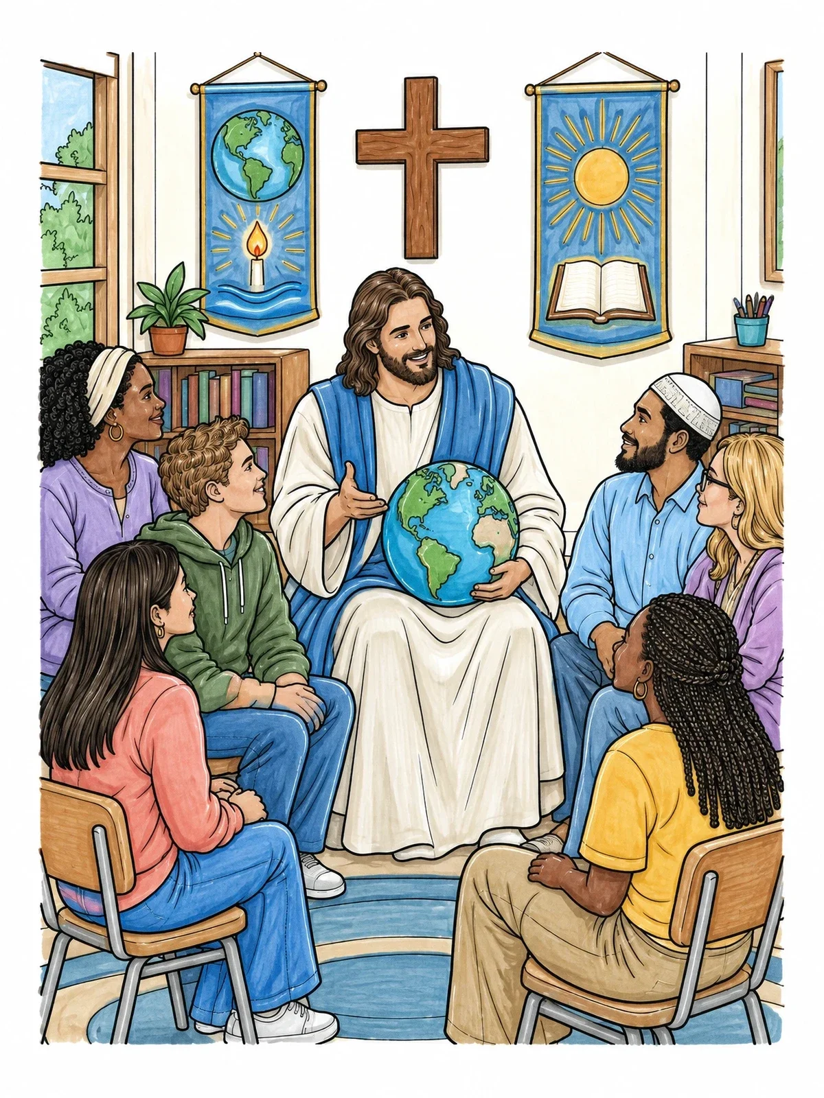 Colored example of the Jesus Teaching In Sunday School Class coloring page