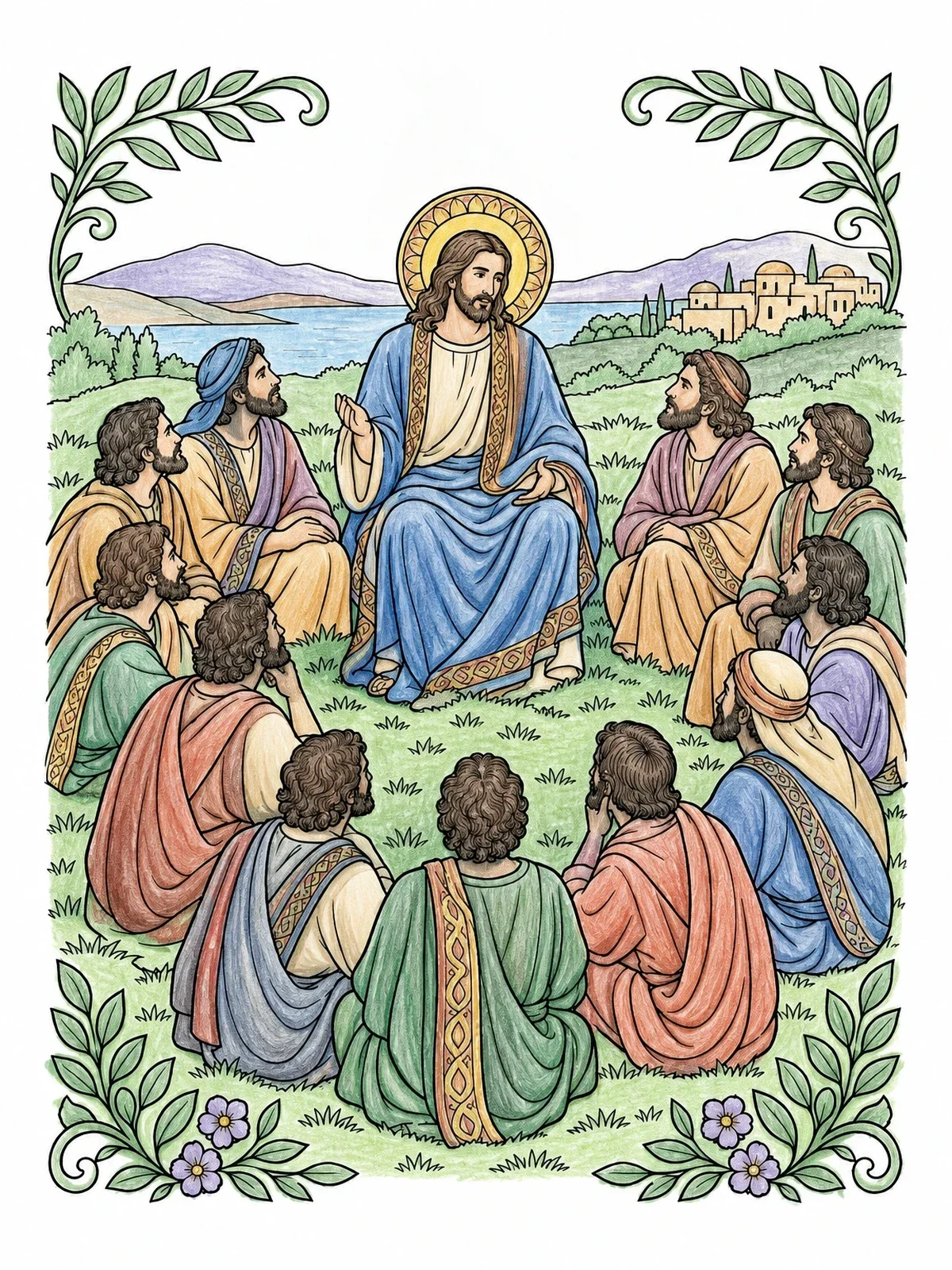 Colored example of the Jesus Teaching The Twelve Disciples coloring page
