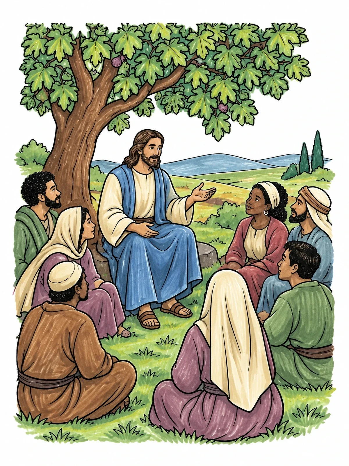 Colored example of the Jesus Teaching Beneath A Fig Tree coloring page