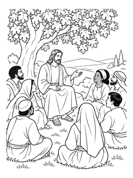 A serene fig tree coloring page showing Jesus speaking to listeners gathered outdoors in the shade.