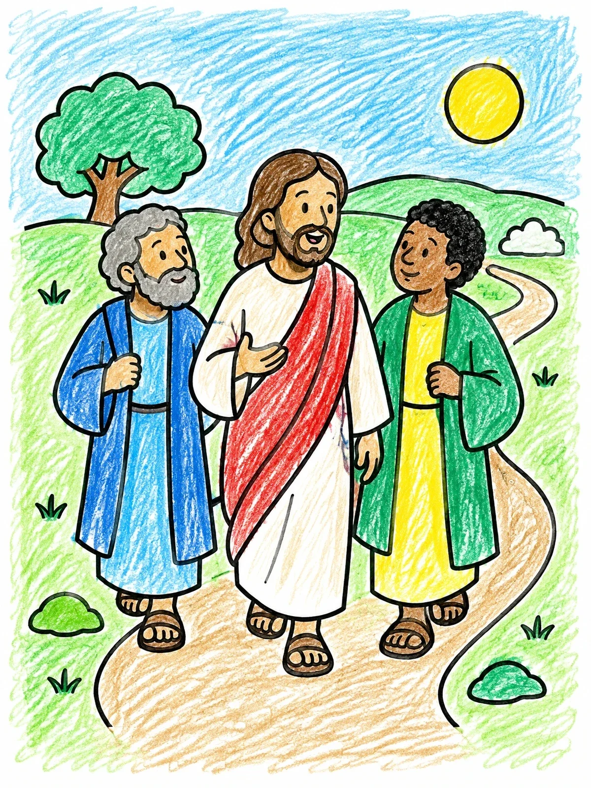 Colored example of the Jesus Walking With His Friends coloring page