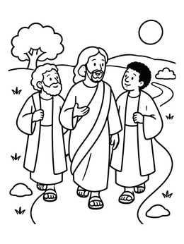 Free printable Jesus Walking With His Friends coloring page
