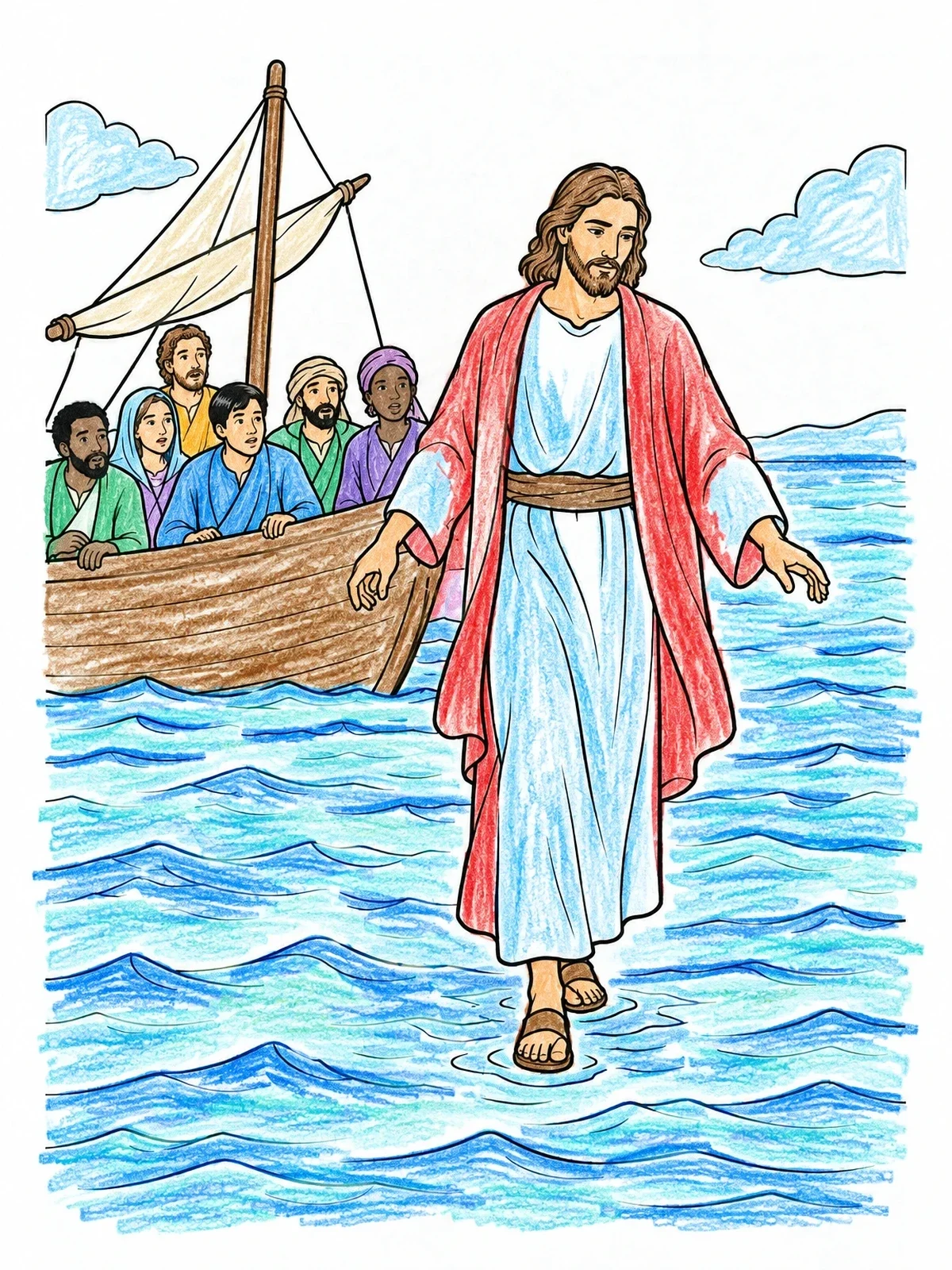 Colored example of the Walking On Water Miracle coloring page
