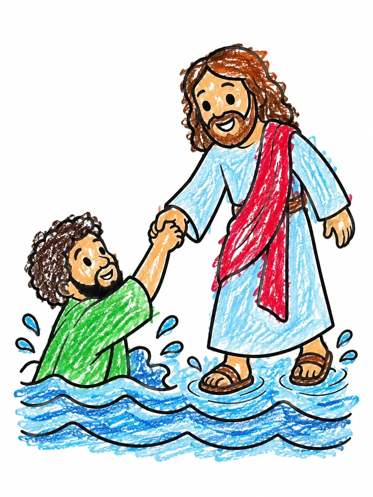 Colored example of the Jesus Walking On Water Helping Peter coloring page