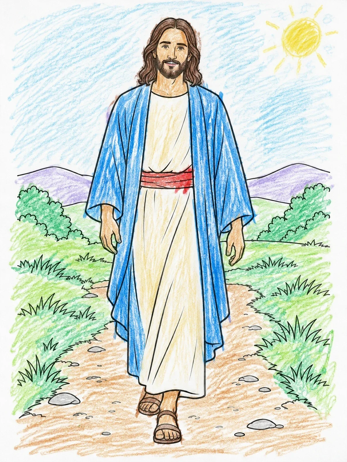 Colored example of the Jesus Walking Along Country Path coloring page