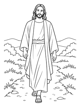 A serene jesus coloring page showing him walking along a scenic countryside trail.
