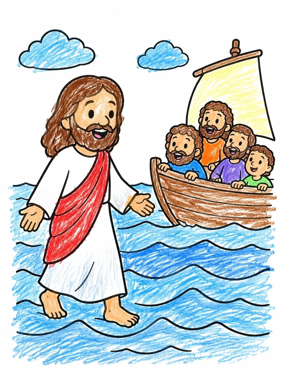 Colored example of the Jesus Walking On The Water coloring page