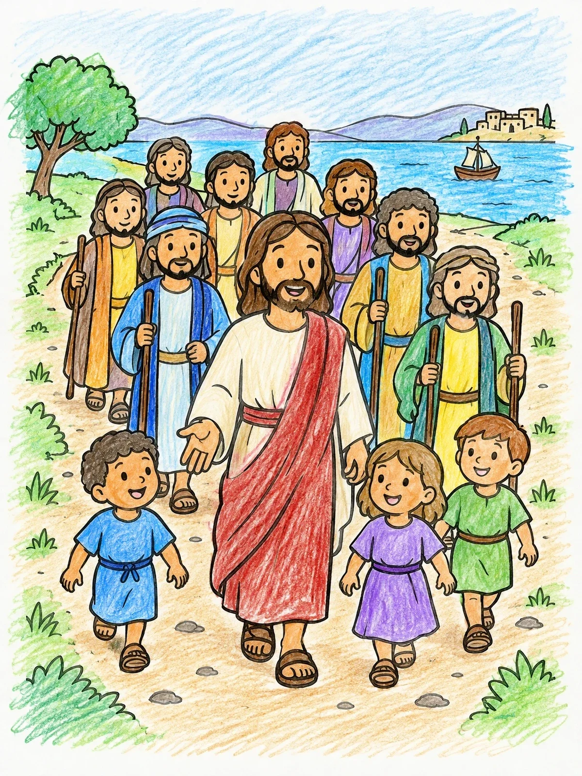 Colored example of the Jesus Walking With Disciples And Children coloring page