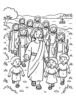 Free printable Jesus Walking With Disciples And Children coloring page