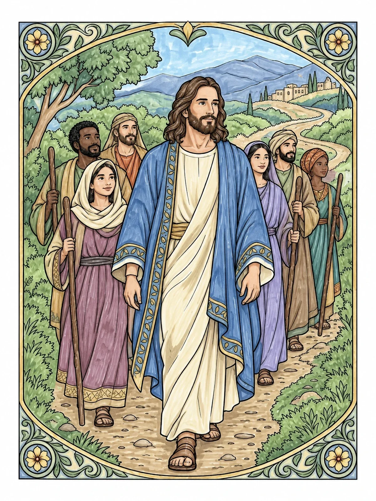 Colored example of the Jesus Walking With Disciples coloring page
