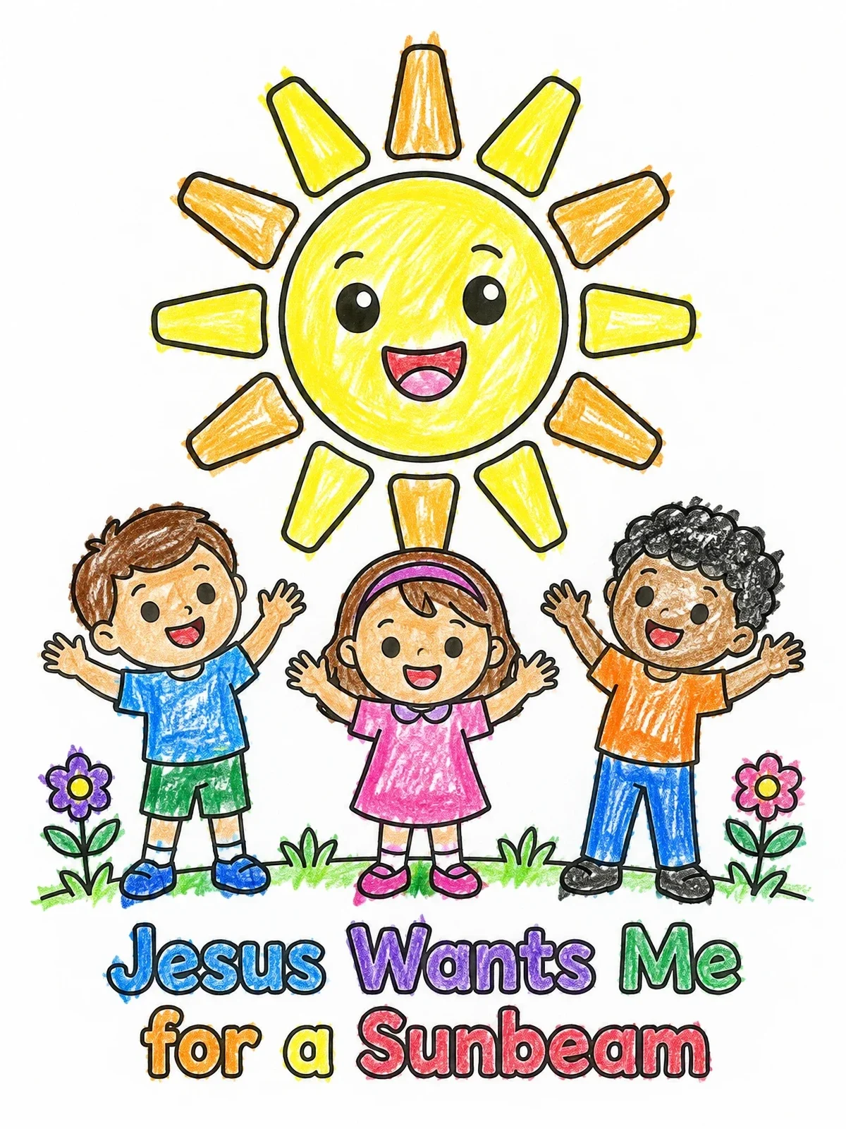 Colored example of the Happy Children And Smiling Sunbeam coloring page