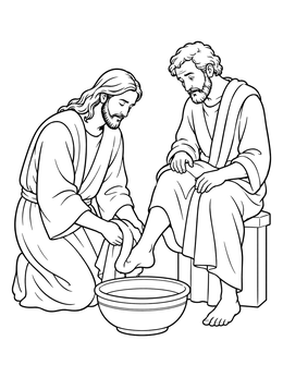 Detailed jesus coloring page depicting Jesus washing the feet of the apostle Peter with a basin.