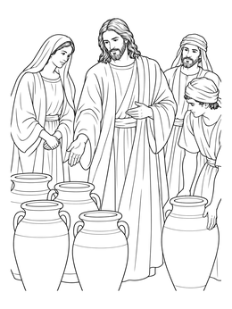 A detailed jesus coloring page depicting the miracle of turning water into wine at Cana.
