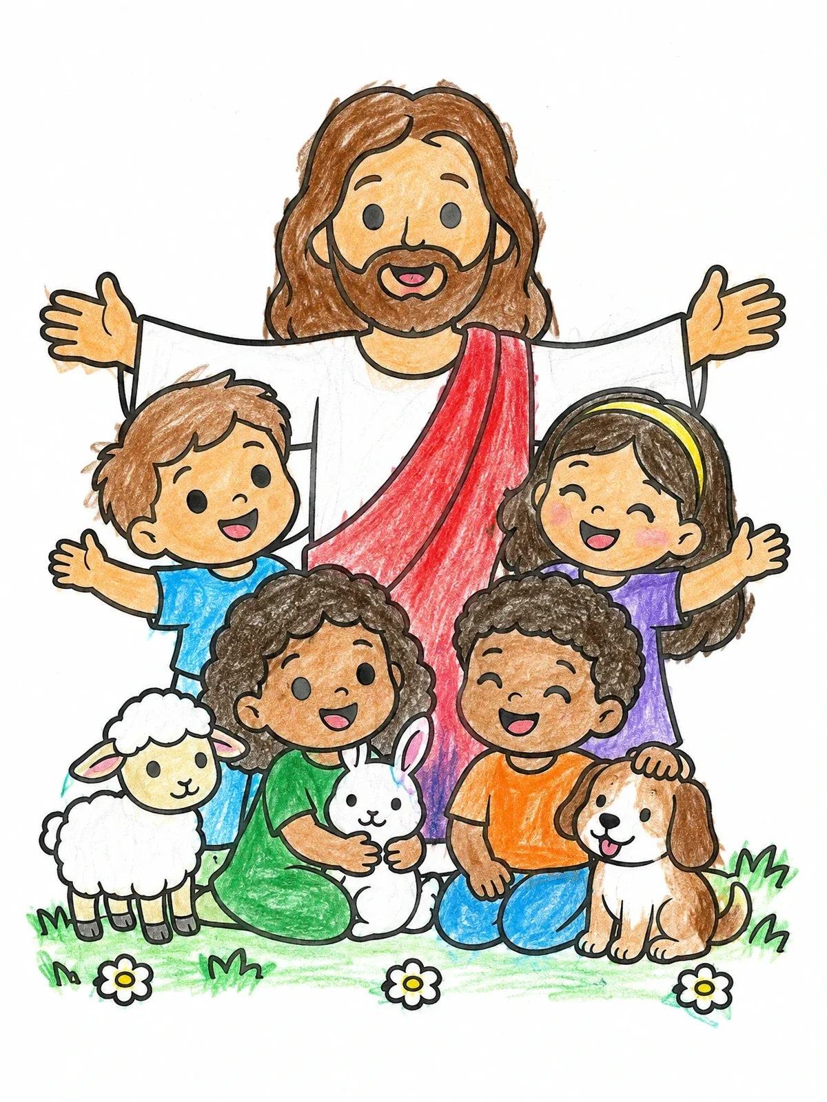 Colored example of the Jesus Welcoming Children And Animals coloring page