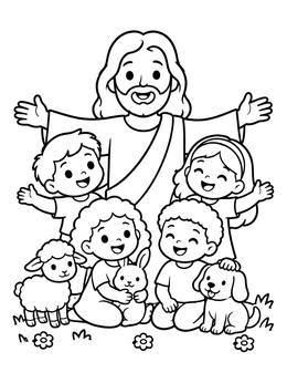 Free printable Jesus Welcoming Children And Animals coloring page