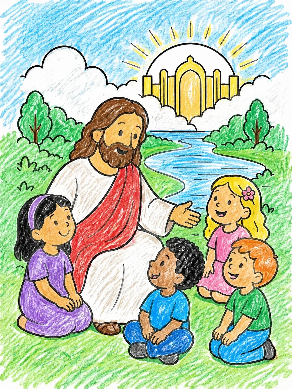 Colored example of the Jesus Welcoming Children In Heaven coloring page