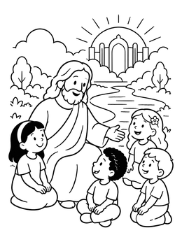 Free printable Jesus Welcoming Children In Heaven coloring page