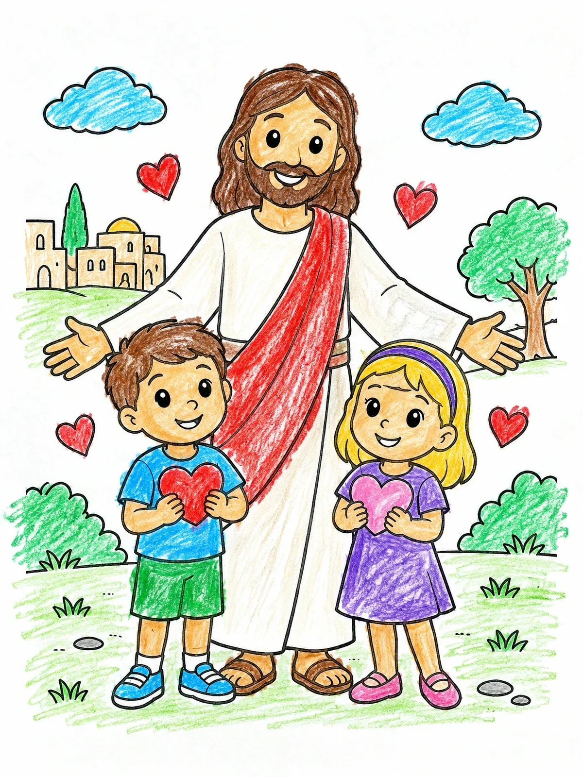Colored example of the Jesus Welcoming Children With Hearts coloring page