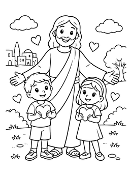 Free printable Jesus Welcoming Children With Hearts coloring page