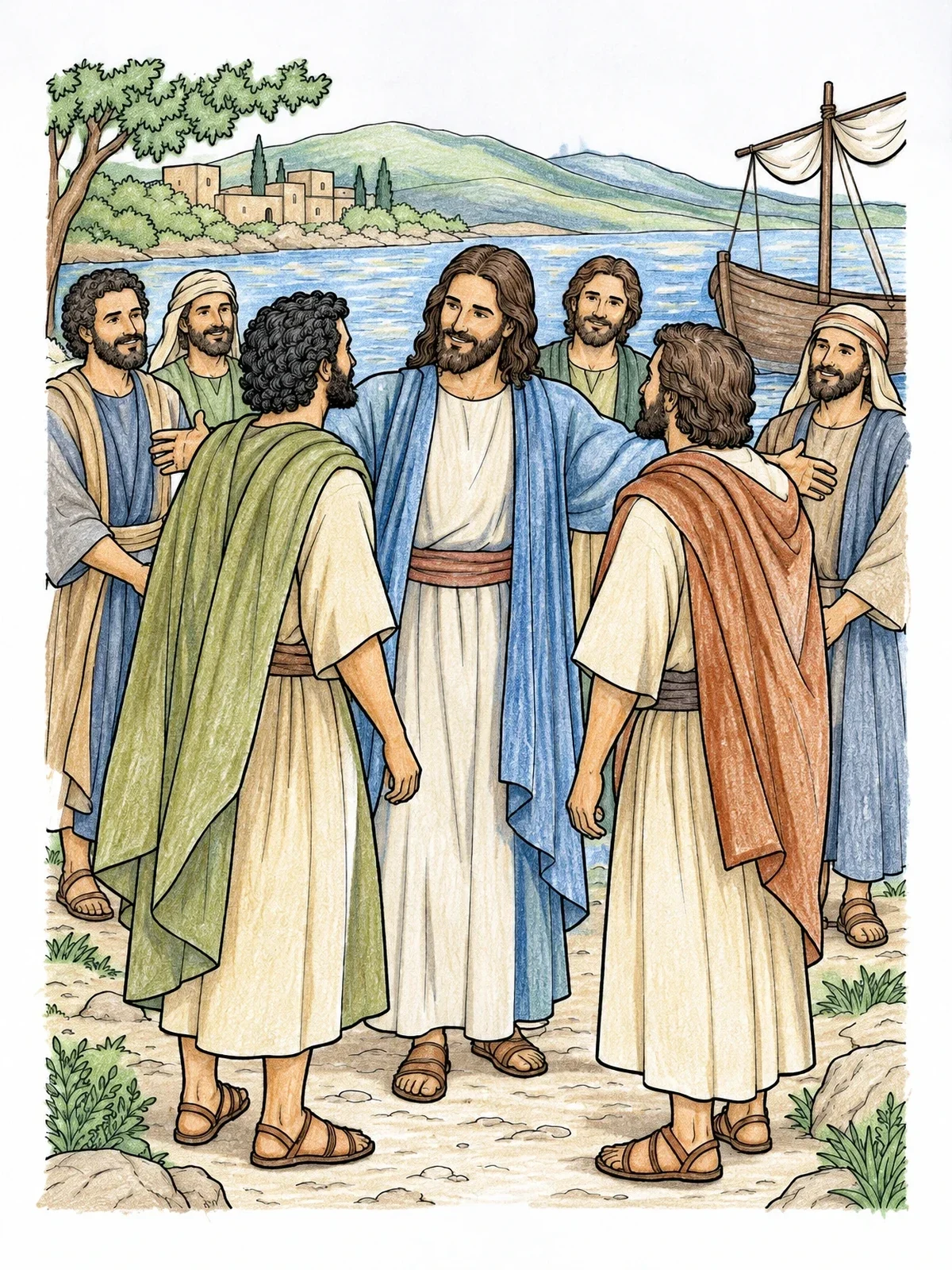 Colored example of the Jesus Welcoming Followers By The Shore coloring page
