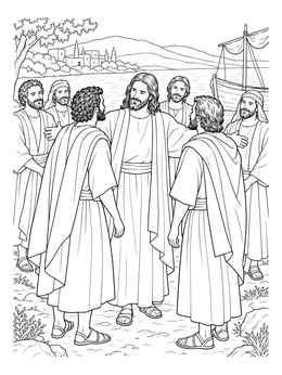 Free printable Jesus Welcoming Followers By The Shore coloring page