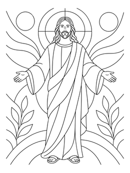 Detailed jesus coloring page featuring Christ standing with open arms against geometric halo patterns.
