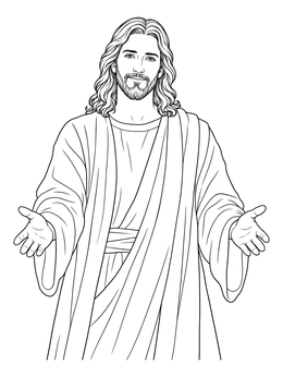 A serene jesus coloring page showing Christ standing with open arms wearing traditional flowing robes.