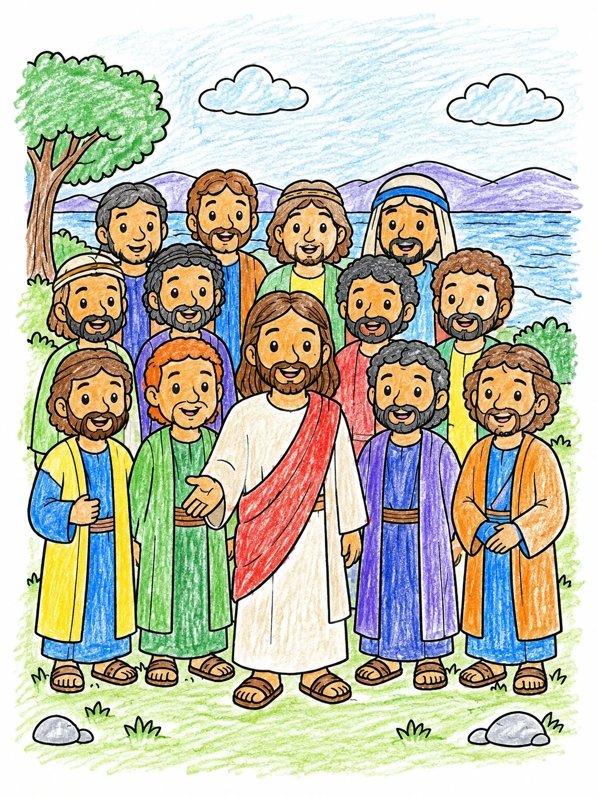 Colored example of the Jesus With The Twelve Disciples coloring page