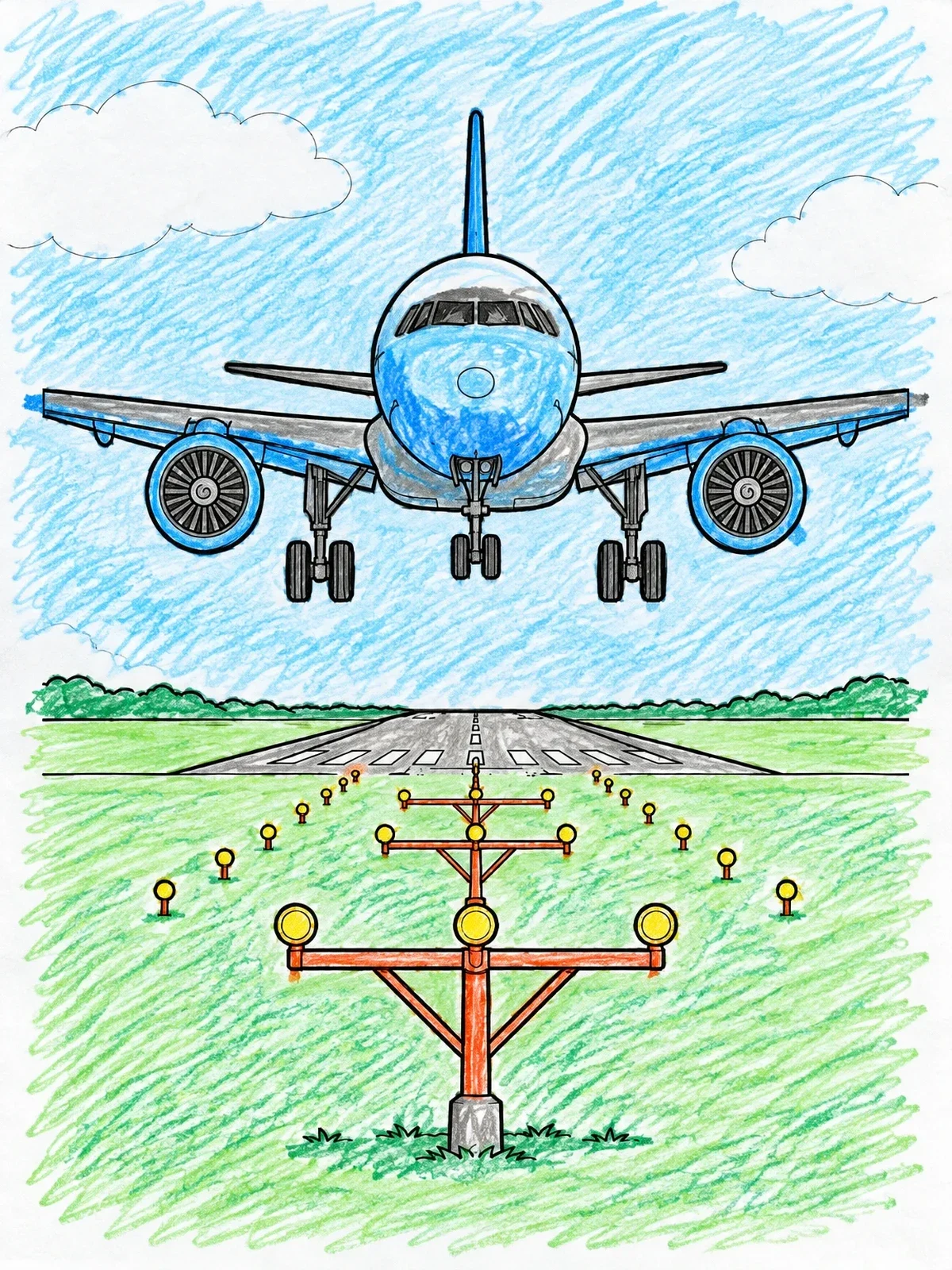 Colored example of the Airliner Landing On Runway Approach coloring page