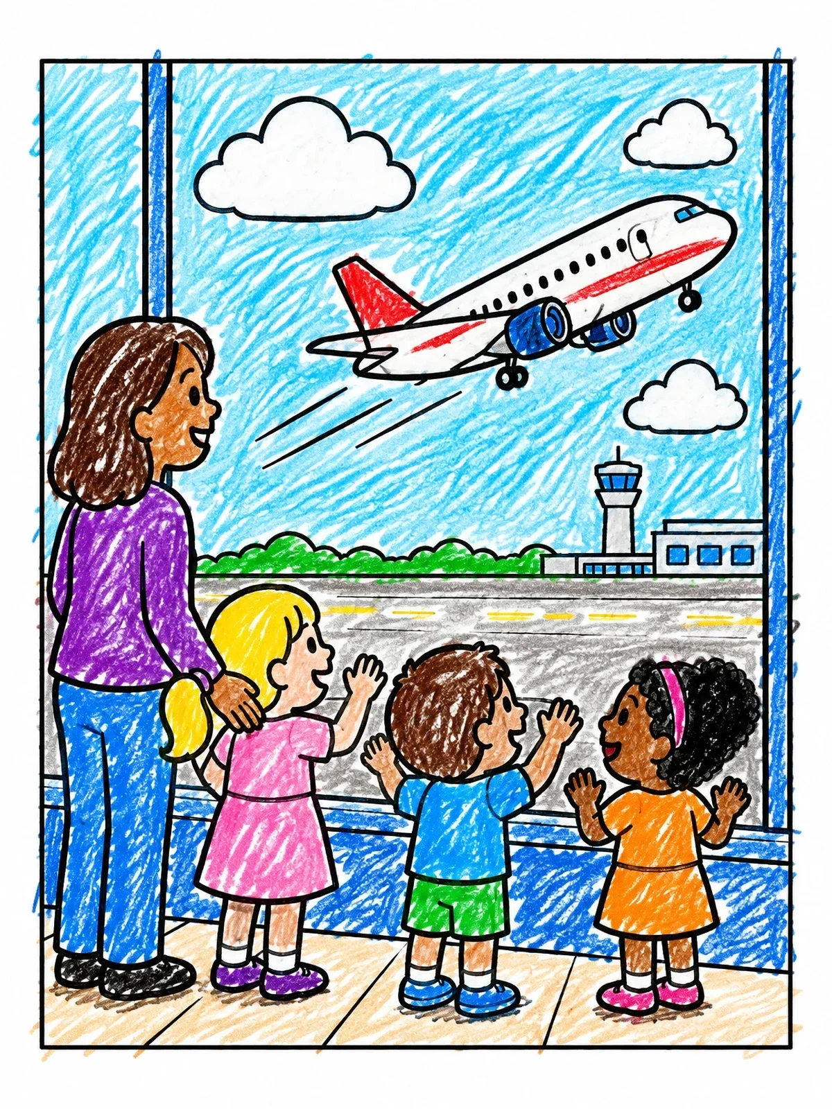 Colored example of the Family Watching Airplane Take Off coloring page